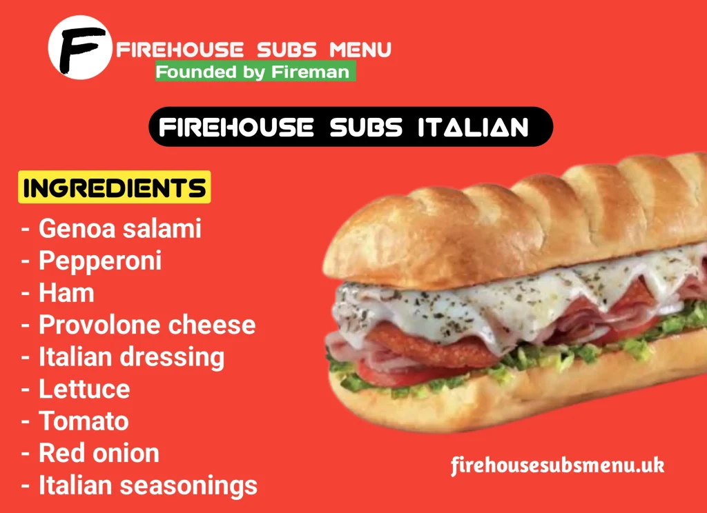 "Firehouse Subs Italian Sub loaded with premium Italian meats, provolone cheese, fresh veggies, and zesty Italian dressing on a toasted roll."